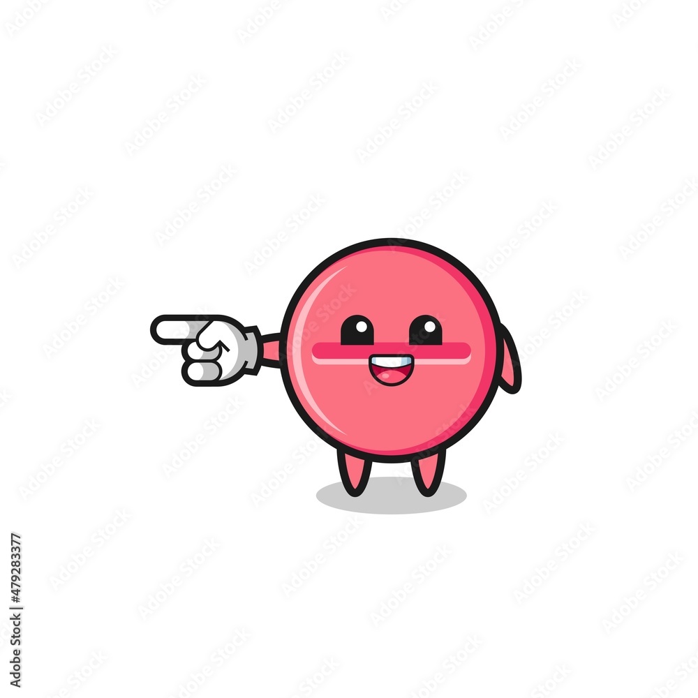 medicine tablet cartoon with pointing left gesture
