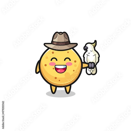 potato chip zookeeper mascot with a parrot