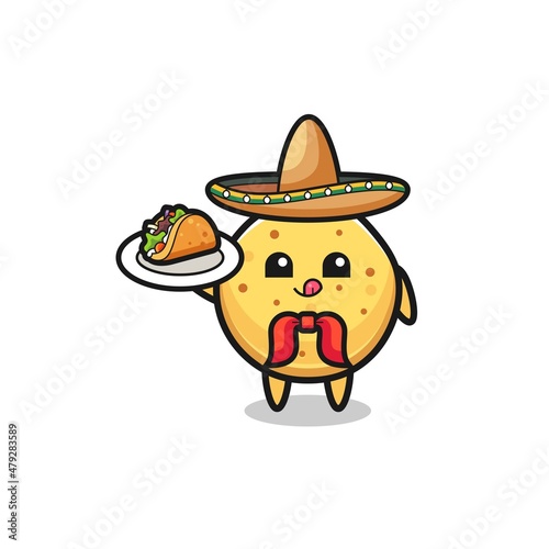 potato chip Mexican chef mascot holding a taco