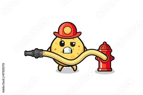 potato chip cartoon as firefighter mascot with water hose