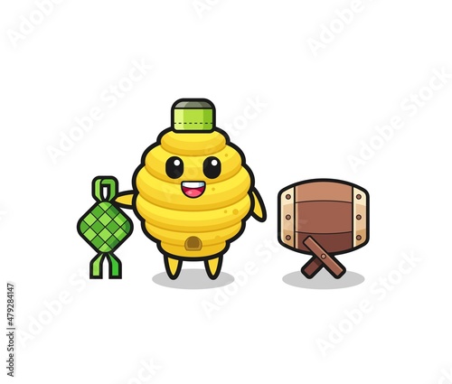 bee hive muslim character are celebrating Eid Al Fitr