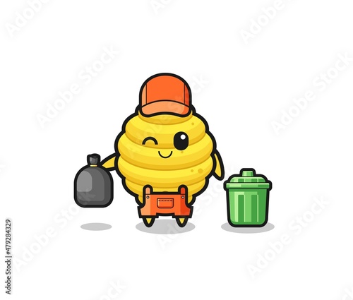 the mascot of cute bee hive as garbage collector
