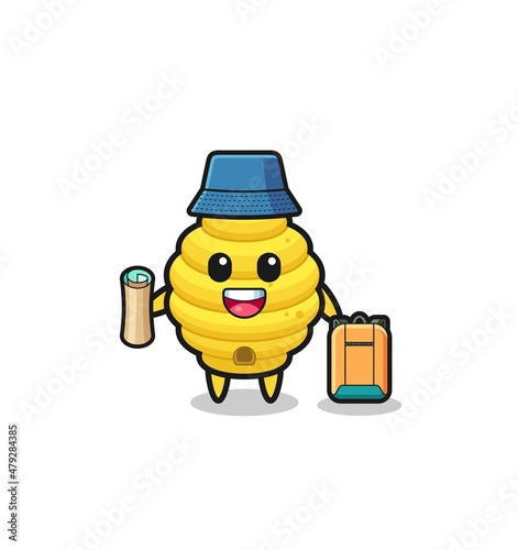 bee hive mascot character as hiker