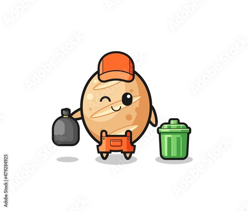 the mascot of cute french bread as garbage collector