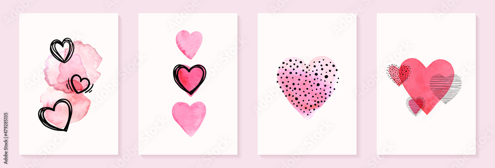 Valentines day and wedding card template. Watercolor and sketch hearts. Simple, minimalistic, holiday cards - obrazy, fototapety, plakaty 