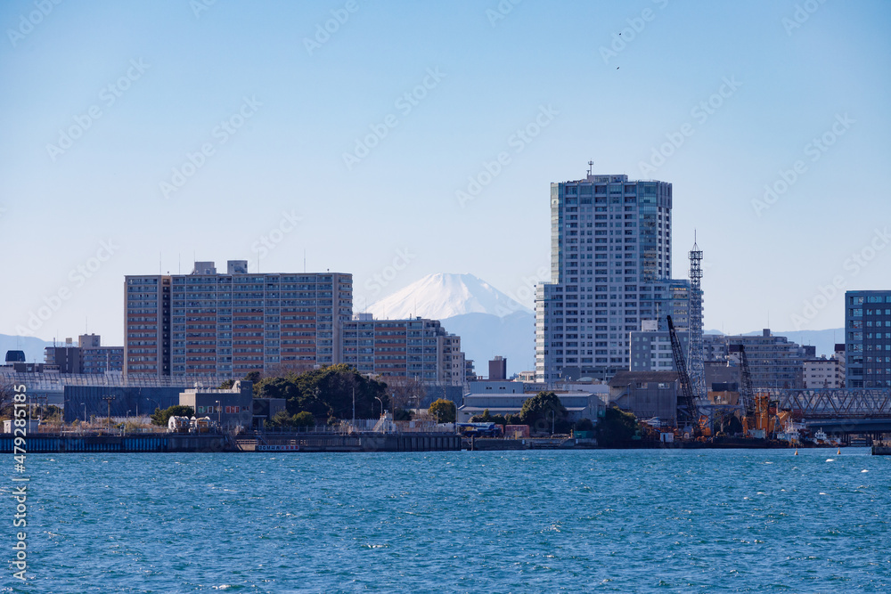 Naklejka premium 潮風公園から見た東京湾越しの芝浦ふ頭とビルの合間から見える富士山