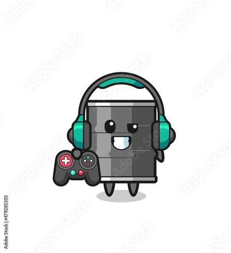 oil drum gamer mascot holding a game controller