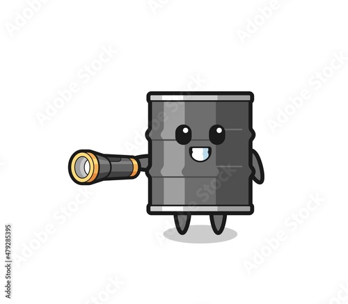 oil drum mascot holding flashlight