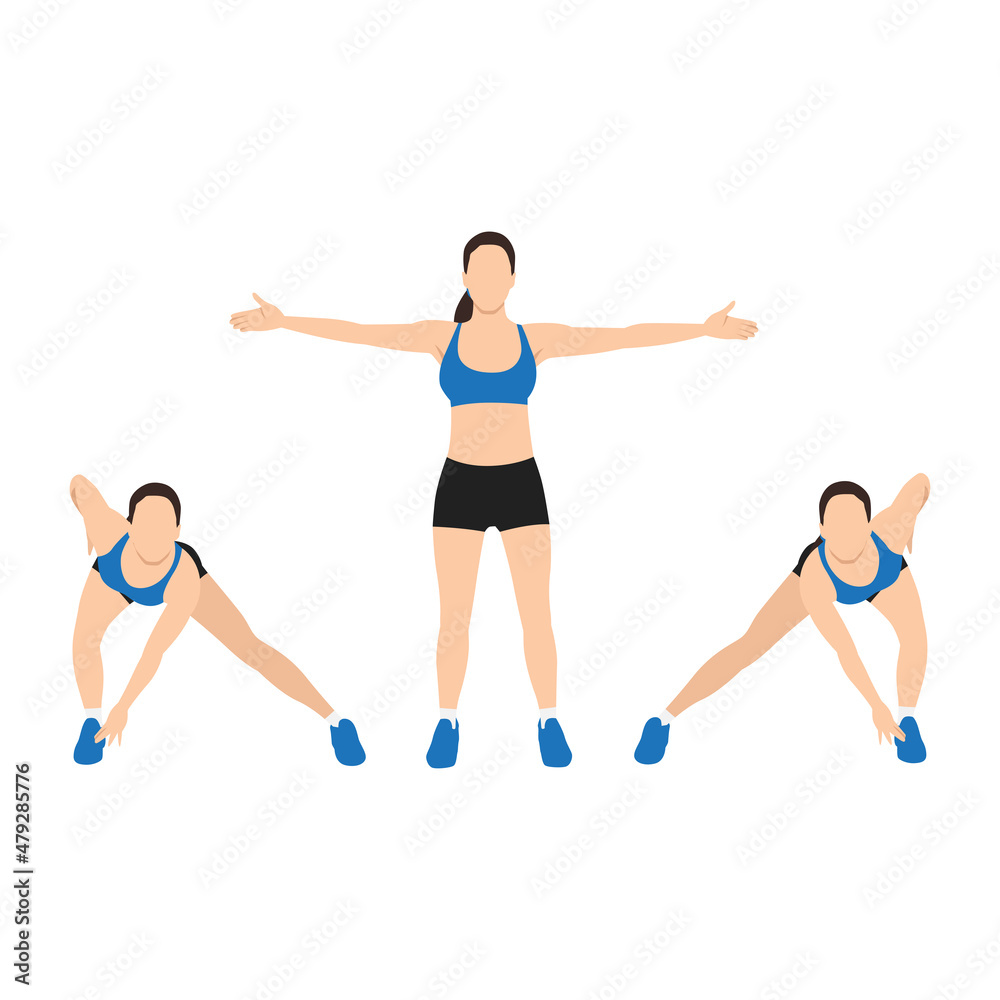 Woman doing Alternating side lunge touch exercise. Flat vector illustration isolated on white background Woman doing Alternating side lunge touch exercise. Flat vector illustration isolated on white background