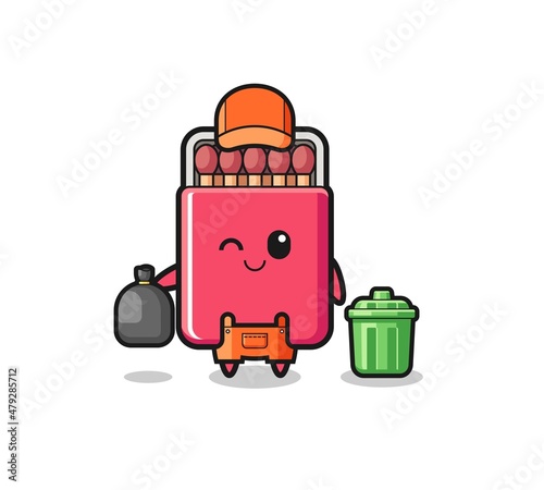 the mascot of cute matches box as garbage collector