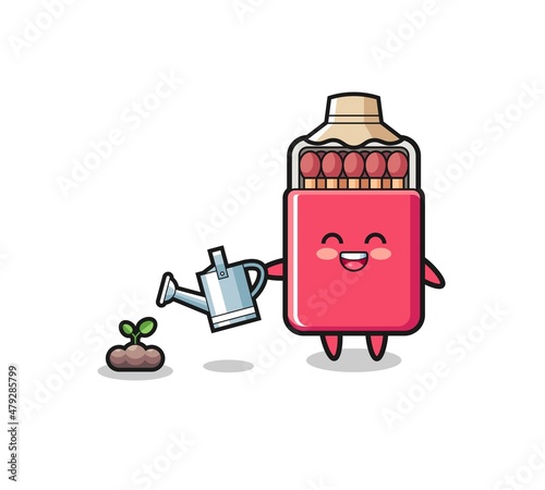 cute matches box is watering plant seeds