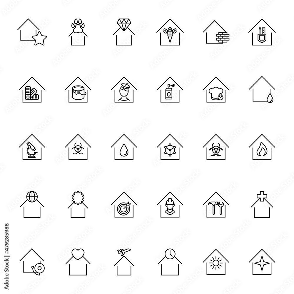 Building as establishment or facility. Line icon set including icons of houses, clinics, workshops, studios, stores, cafe, laboratory. Suitable for websites, internet stores etc
