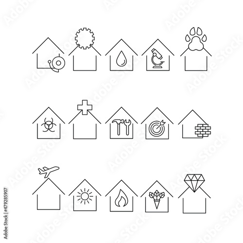 Building as establishment or facility. Line icon set including icons of houses, clinics, workshops, studios, stores, cafe, laboratory. Including gear, drop, paw, brick wall and other elements