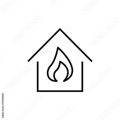 Building as establishment or facility. Outline monochrome sign in flat style. Suitable for stores, advertisements, articles, books etc. Line icon of flame inside of house