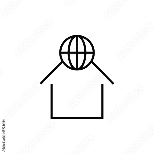 Building as establishment or facility. Outline monochrome sign in flat style. Suitable for stores, advertisements, articles, books etc. Line icon of globe on house