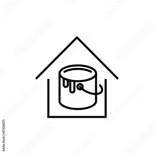 Building as establishment or facility. Outline monochrome sign in flat style. Suitable for stores, advertisements, articles, books etc. Line icon of bucket with dye inside of house