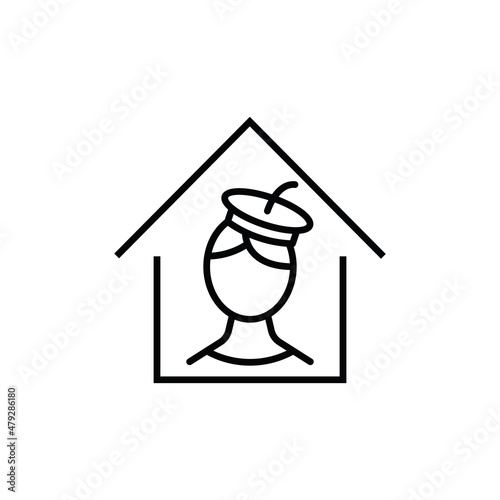 Building as establishment or facility. Outline monochrome sign in flat style. Suitable for stores, advertisements, articles, books etc. Line icon of artist in beret inside of house
