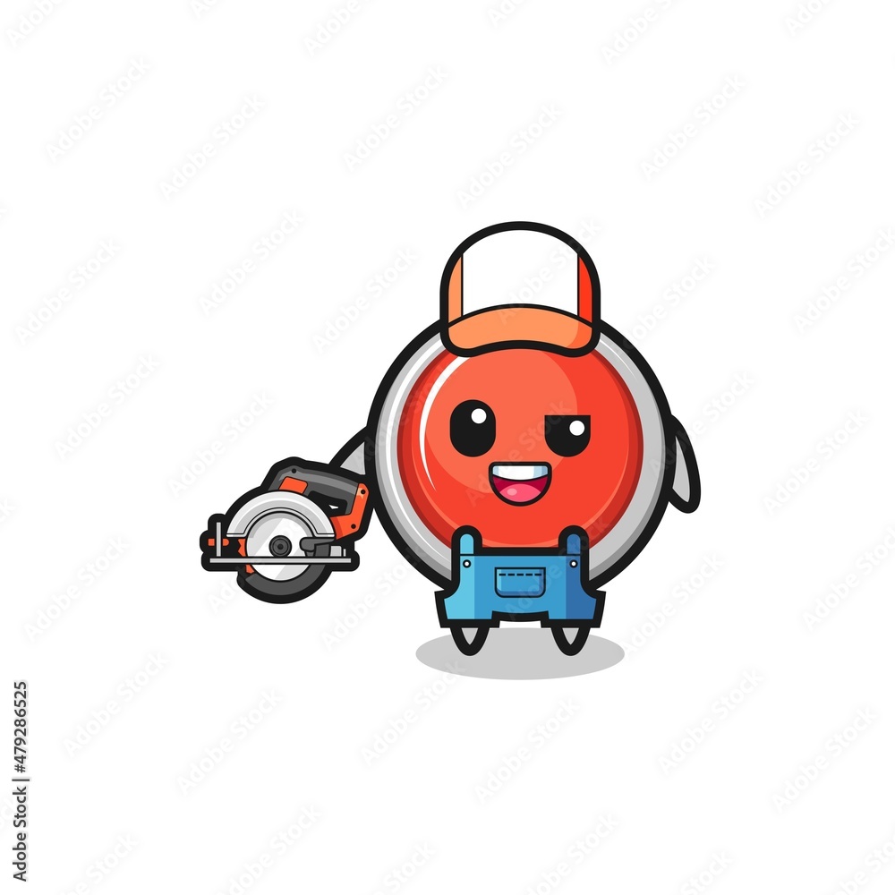 the woodworker emergency panic button mascot holding a circular saw