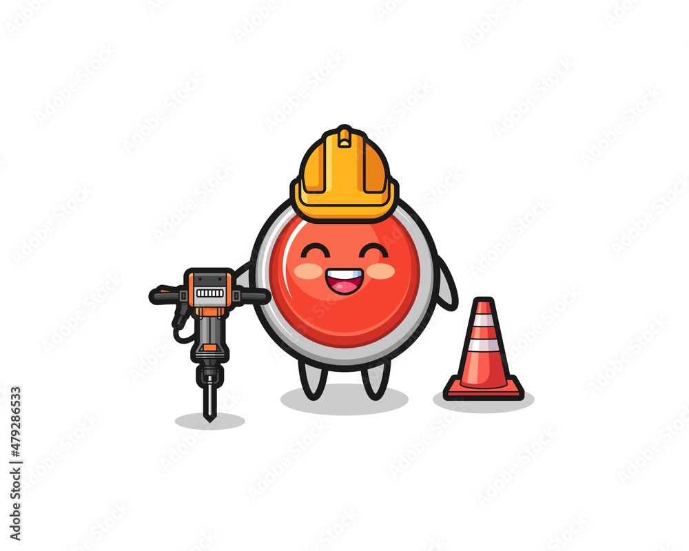 Obraz premium road worker mascot of emergency panic button holding drill machine