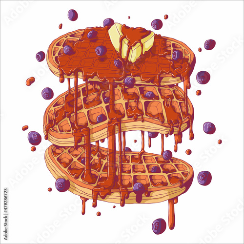 Hand drawn vector illustration of falling Viennese or Belgian waffles with blueberry, maple syrup and butter in comix style. Isolated on white background.