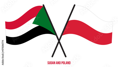 Sudan and Poland Flags Crossed And Waving Flat Style. Official Proportion. Correct Colors.