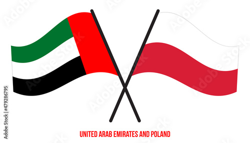 United Arab Emirates and Poland Flags Crossed And Waving Flat Style. Official Proportion.