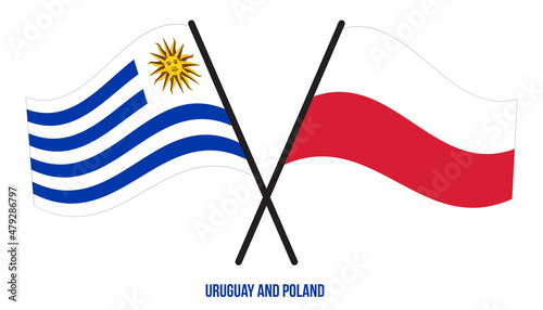 Uruguay and Poland Flags Crossed And Waving Flat Style. Official Proportion. Correct Colors.