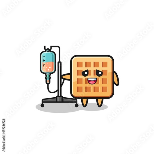 cute waffle character standing with infusion pole