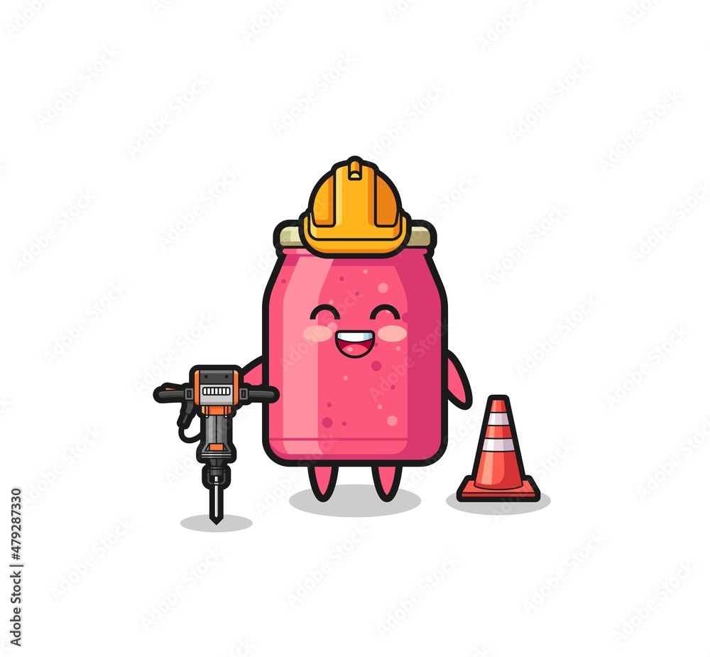 road worker mascot of strawberry jam holding drill machine road worker mascot of strawberry jam holding drill machine