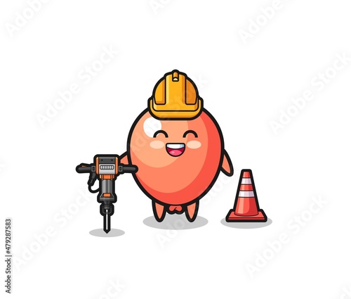 road worker mascot of balloon holding drill machine