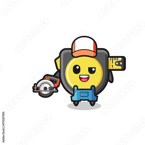 the woodworker tape measure mascot holding a circular saw