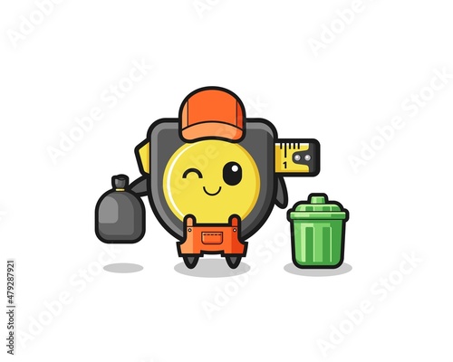 the mascot of cute tape measure as garbage collector