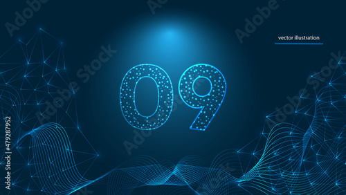 Number of 9 ,  abstract modern digital futuristic technology . Geometric light drops with networking lines template vector illustration on dark blue background.