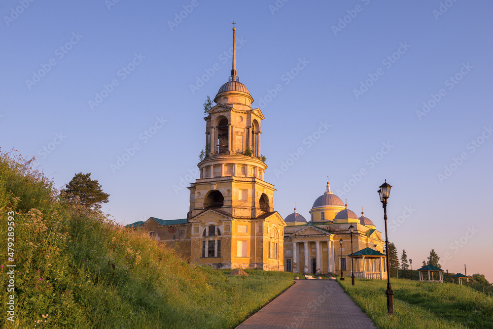 Early July morning at the old temples of Staritsa town. Tver region, Russia