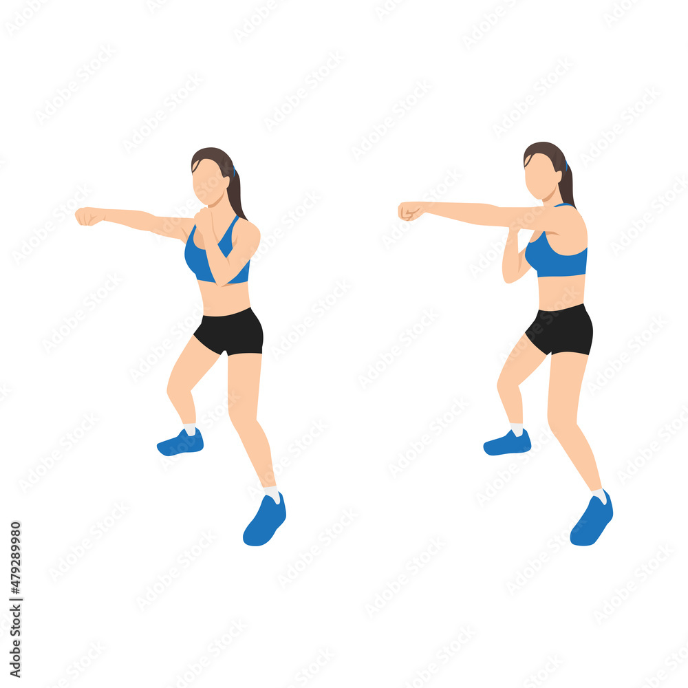 Woman doing Half squat jab cross exercise. Flat vector illustration isolated on white background Woman doing Half squat jab cross exercise. Flat vector illustration isolated on white background
