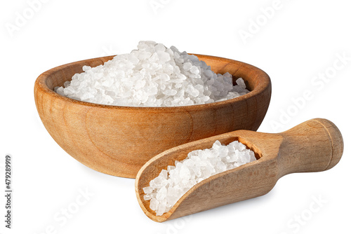 sea salt in wooden bowl and scoop isolated on white photo