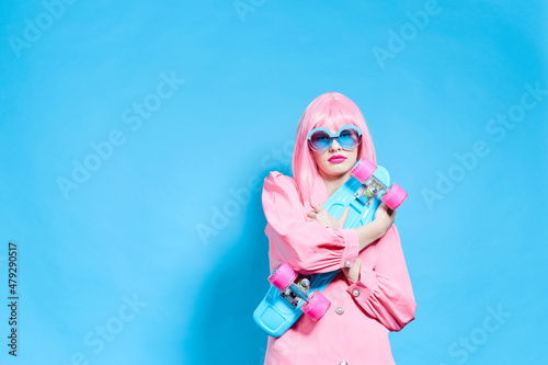 pretty woman fashion blue glasses skateboard Lifestyle posing