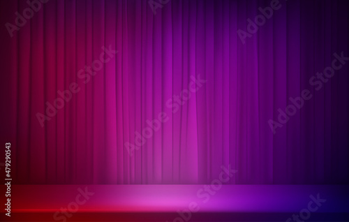 Concert stage with drapery and vivid neon light. 3D style vector illustration