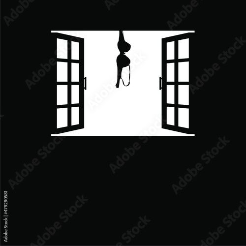 Hanging Bra on the Window Silhouette. Dramatic and Mystery  Illustration. Can use for Art Illustration, Poster or Graphic Design Element. Vector Illustration 