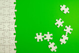 Conceptual photo of copyspace green background missing jigsaw puzzle. Image for motivation, inspiration and consultation, ideation concept