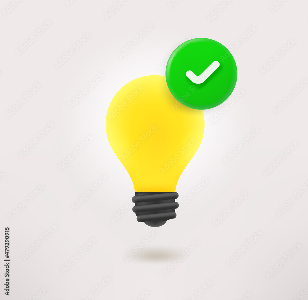 Glowing lightbulb icon with checkmark. 3d vector icon Glowing lightbulb icon with checkmark. 3d vector icon