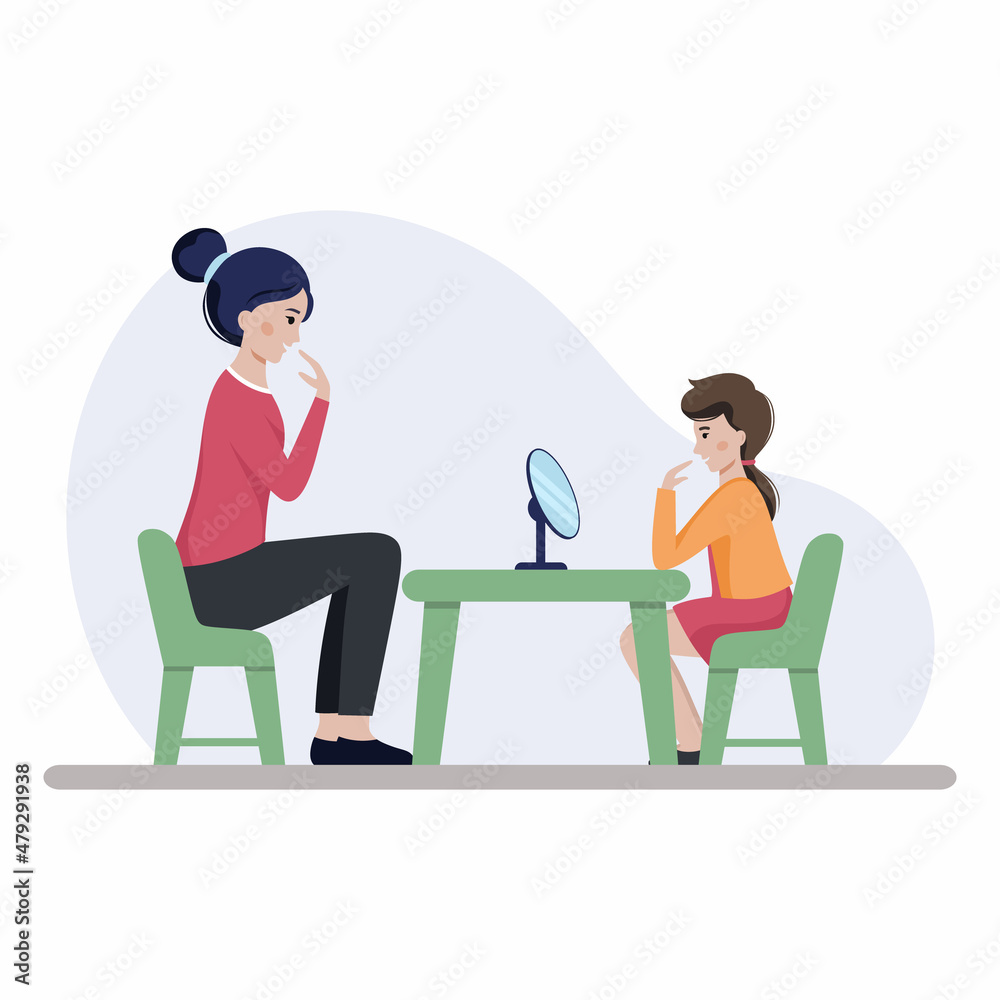 Girl performs tasks with speech therapist front of mirror. Speech problems in children. Alalia, autism, speech delay.