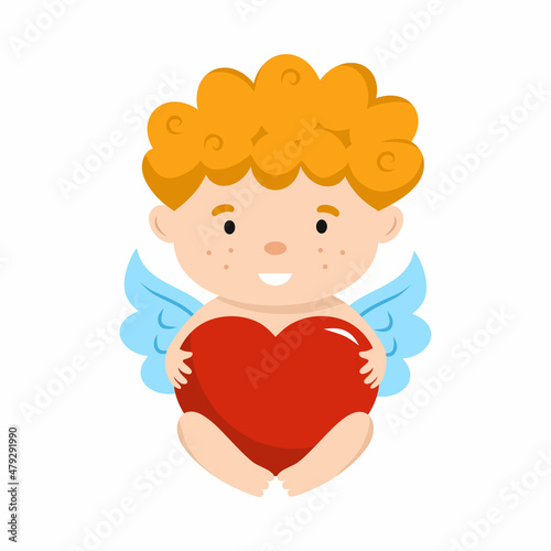 Cute cupid embraces big red heart. Vector character for Valentine Day. Postcard for February 14. Design element.
