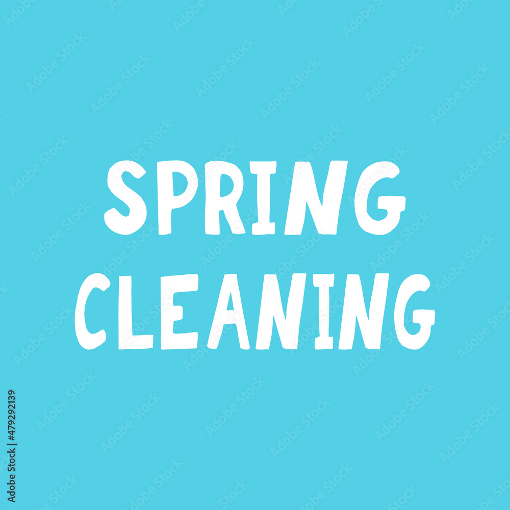 spring cleaning lettering. poster, banner, card, sticker. sketch hand drawn doodle style. vector minimalism. blue white.