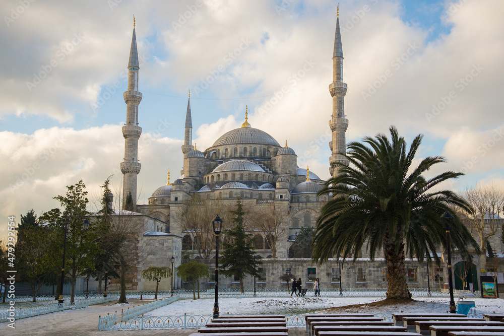 January cloudy day at the ancient mosque of Sultanahmet Camii. Istanbul, Turkey