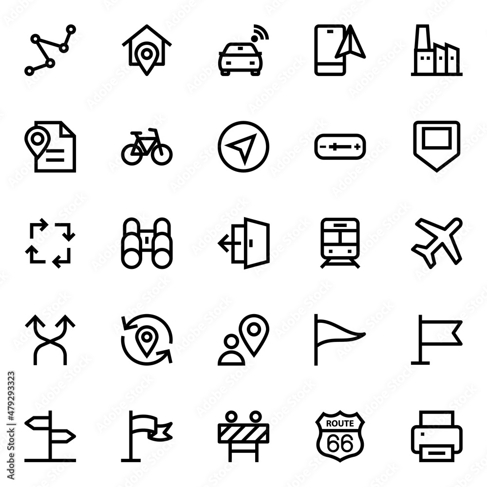 Outline icons for map and navigation.