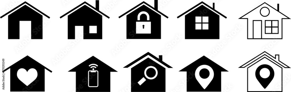 Black houses silhouettes. House icons, smart home service. Web homepage buttons, security locations and residential insurance. Building symbol, sign collection. Vector isolated set Black houses silhouettes. House icons, smart home service. Web homepage buttons, security locations and residential insurance. Building symbol, sign collection. Vector isolated set