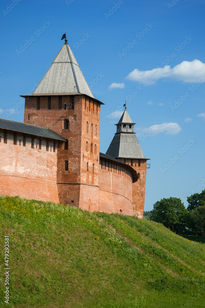Sunny July day at the towers of the Novgorod Kremlin. Veliky Novgorod, Russia