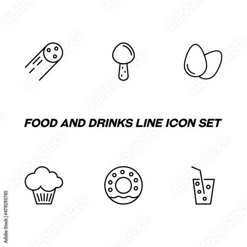 Food and drinks concept. Modern outline symbol and editable stroke. Line icon pack including signs of sausage, egg, mushroom, sparkling water, doughtnut, cupcake photo