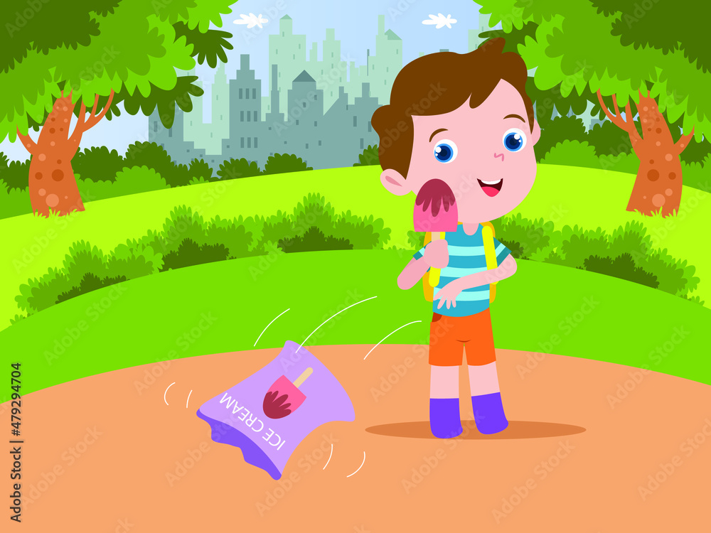 Children vector concept: Little boy throwing ice cream wrap or plastic rubbish in the park while eating the ice cream